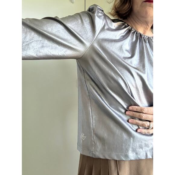 DEREK LAM 10 CROSBY Kary Metallic Crepe Blouse In Silver Size 48/Large Glam Punk - Picture 7 of 9